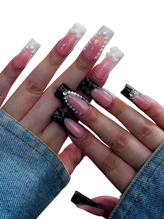 Black and Pink Press On Nails – 10PCS Glossy Fake Nails with Pearls, Rhinestones & 3D Bow Charms, Reusable Elegant Coffin Nails for Women and Girls – Euphrosyne