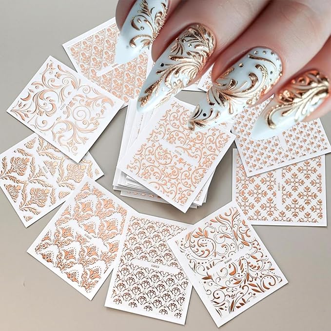 30 Sheets Lace Nail Art Stickers Decals 3D Self-Adhesive Rose Gold Nail Decals Retro Flower Designs Nail Supplies Summer Nail Decoration DIY Nails Accessories for Women