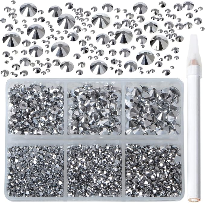 Bymitel 5000 Pieces 6 Mixed Sizes Glue Fix on Glass Rhinestones Round Crystal Gems Flatback for DIY Jewelry Making with one Picking Pen(6-Sizes 5000PCS, Labrdor)