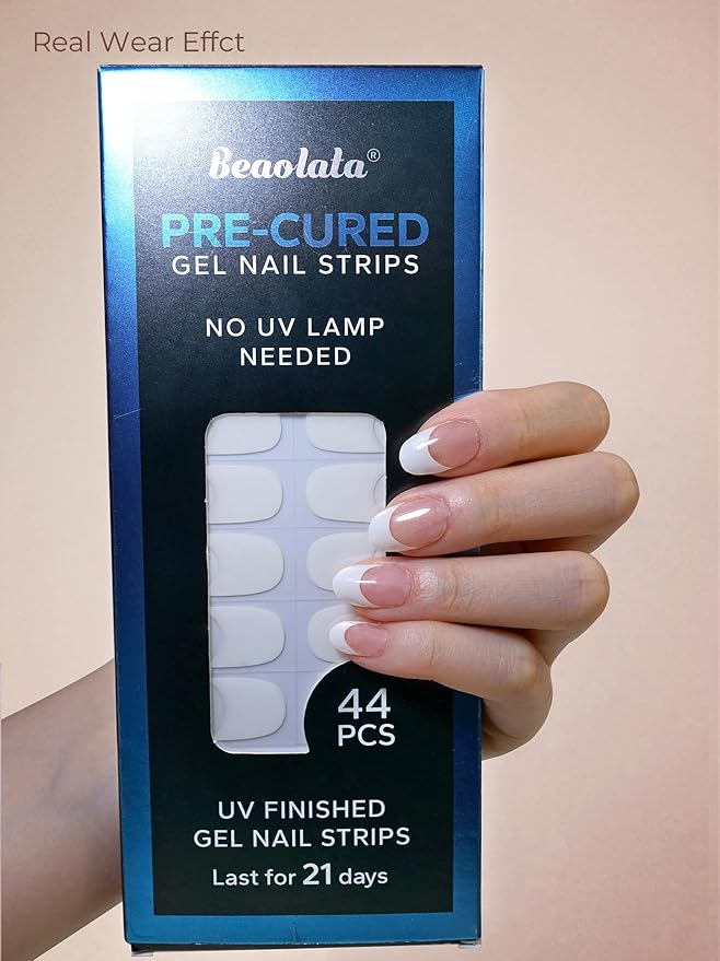 Pre Cured Gel Nail Strips - 44PCS Salon Quality Gel Nail Stickers - Long Lasting Polish Wraps for Women no UV Light Needed Easy Apply& Remove (Dawn White)