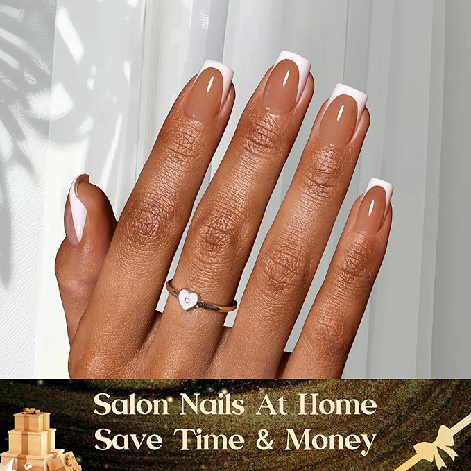 Beetles French Tips Press On Nails: 224 Pcs Brown French Tip Nails Short Squoval Fake Nail Tips,Soft Gel Nail False Nails,DIY Nail Art Salon Quality Manicure Gift For Women