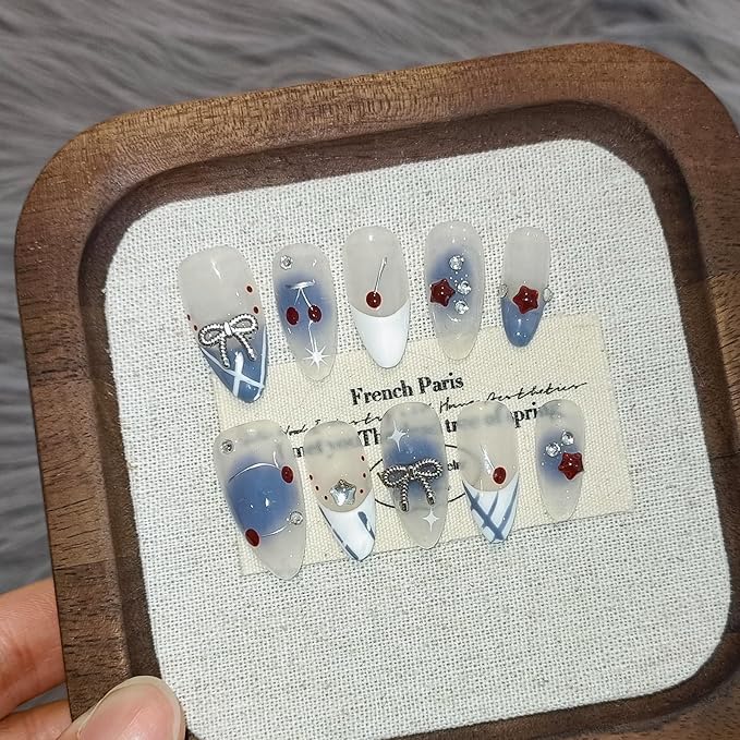Light Blue White French Press on Nails Medium Almond with 3D Charms Bow Rhinestone Cherry,10Pcs Sweet Girls Summer with Full Kit(S)