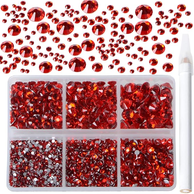 Bymitel 5000 Pieces 6 Mixed Sizes Glue Fix on Glass Rhinestones Round Crystal Gems Flatback for DIY Jewelry Making with one Picking Pen (6-Sizes 5000PCS, Siam)