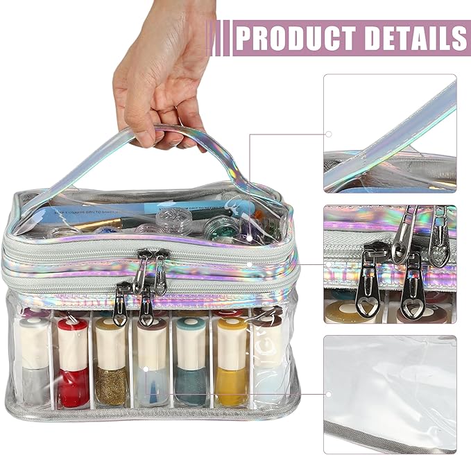 VOCOSTE Nail Bag, Carrying Case Holds 35 Bottles, Art Set Organizer, Travel Storage for Nail Polish, Silver Tone