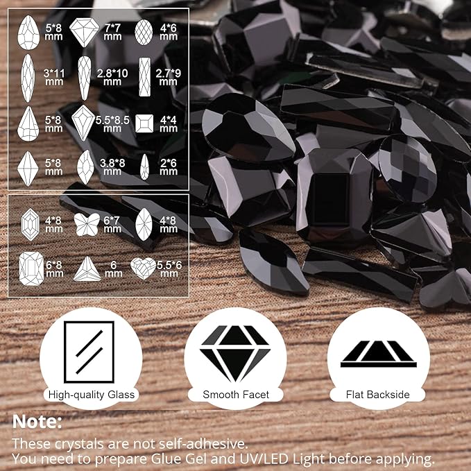 18 Styles Multi-Shaped Glass Gemstones for Nails and 6 Sizes Round Crystal Rhinestones Kit #4, Black Nail Art Charm Bead Manicure Decoration with Pickup Pencil and Tweezer