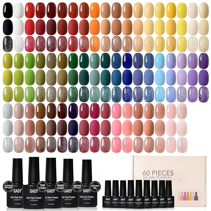 GAOY 60 Pcs Gel Nail Polish Set, 55 Colors All Season Gel Polish Kit Red Nude Black White Pink with 5 Pcs Soak off Base Glossy Matte Glitter Top Coat & Builder for Nail Art DIY Manicure at Home
