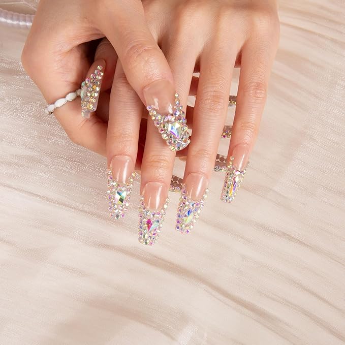 LOVFUL Press on Nails Angel's Tear Rhinestone | Handmade with Full Covered Crystals | Reusable Full Cover Nails | Coffin Classic Regular 1.3 in | H48-L
