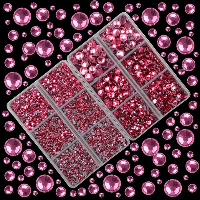 10000Pcs 2-Boxes Mixed Size Hot Fix Round Crystals Gems Glass Stones Hotfix Flat Back Rhinestones with Tweezers and Picking Pencil (Fuchsia)