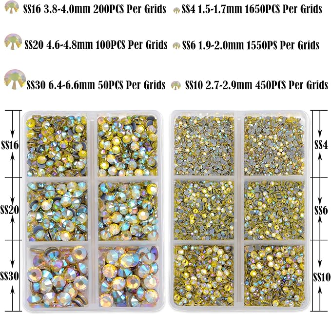 NCB Hotfix Iron on 8000pcs Crystal Rhinestones Round Gem for Crafts Decoration DIY Jewelry Making with a Tweezers and 2 Picking pens (Citrine AB, 6Sizes SS4-SS30)