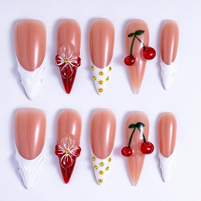 10 Pieces Handmade Long Almond Press On Nails, White Thickened French False Nails, 3D Flowers And Cherries, Reusable Fake Nails Almond, Reusable Acrylic Nails (L)