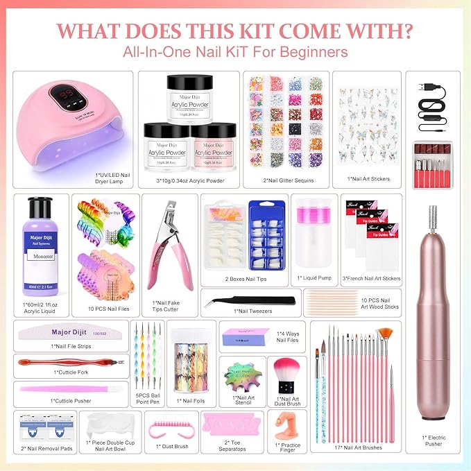 Acrylic Nail Kit Starter Set Acrylic Powder with Nail Drill U V Light Professional Tools with Decoration Everything for Beginners Home Salon Gifts (Clear/White/Nude)