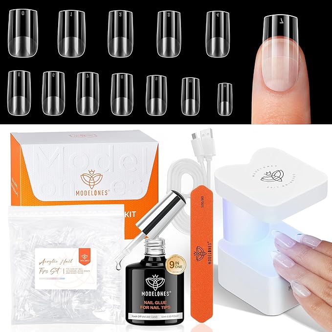 modelones Short Square Gel Nail Tips, 9-in-One Nail Glue with Portable U V Lamp 216Pcs 12Sizes Pre-Etched Press ons Fake Acrylic Extension Kit DIY Salon Gift for Women