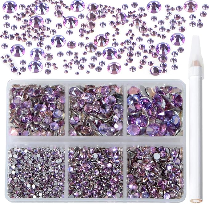 Bymitel 5000 Pieces 6 Mixed Sizes Glue Fix on Glass Rhinestones Round Crystal Gems Flatback for DIY Jewelry Making with one Picking Pen(6-Sizes 5000PCS, Green Pink)