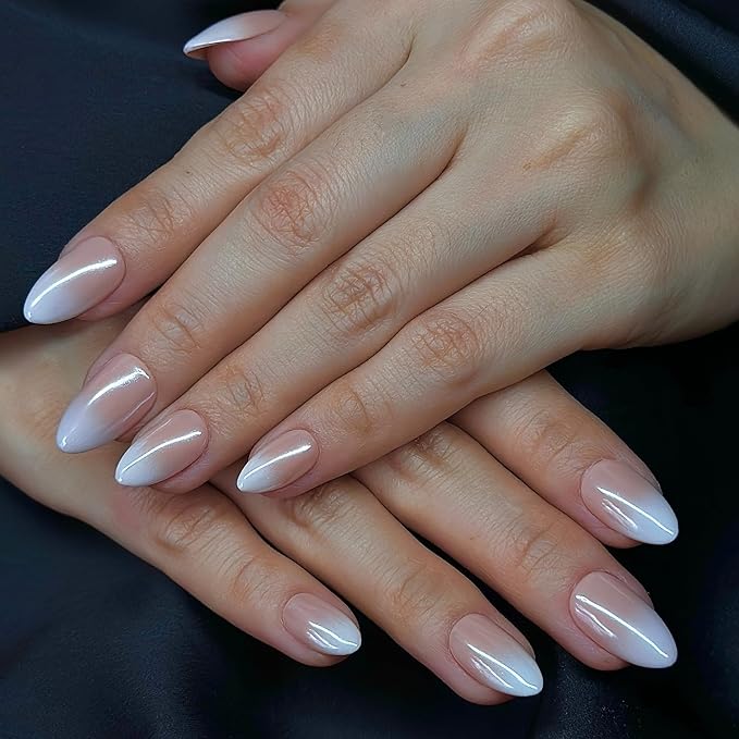 Hand Painted Handmade Press On Nails Short Almond Ombre Pink White with an Ultra-Glossy Mirror Finish.Reusable Soft Gel Nails in 15 Sizes -30 Nail Kit with Glue | Designed in LA|Vanilla Cream