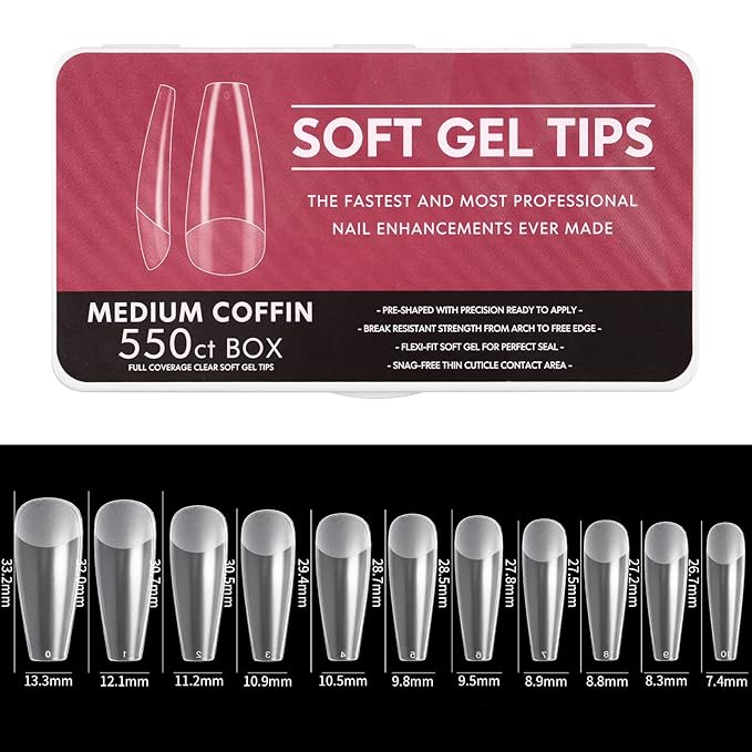 Medium Coffin Acrylic Nail Tips, 500pcs Soft Gel Full Cover Nail Tips Coffin Nails Long Fake Nails Clear Acrylic Nails Ballerina Press on Nails Artificial Nails Extensions With Case, 11 Sizes