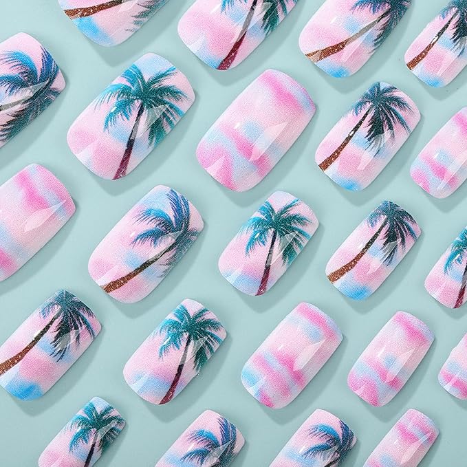 Medium Press on Nails Square Fake Nails with Design Palm Tree Glue on Nails Blue Pink Gradient Acrylic Nails Summer False Nails Reusable Artificial Nails Glossy Stick on Nails for Women Girls