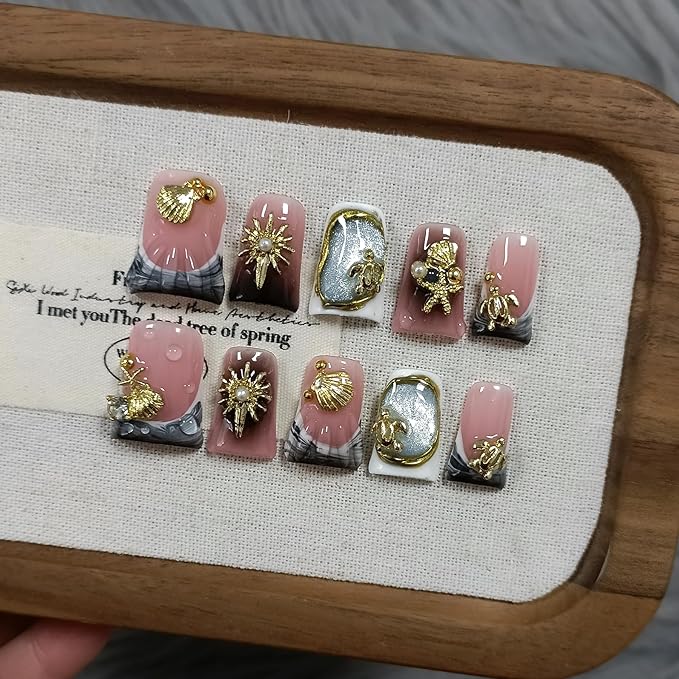 Duckbill Press on Nails - Black Gray Cat Eye Ocean Metal Design Glue on Nails for Women| 10PCS Glitter False Nail with 3D Charms Designs | Gothic Y2K Style for Daily Party Wear,Duck Nails(M)