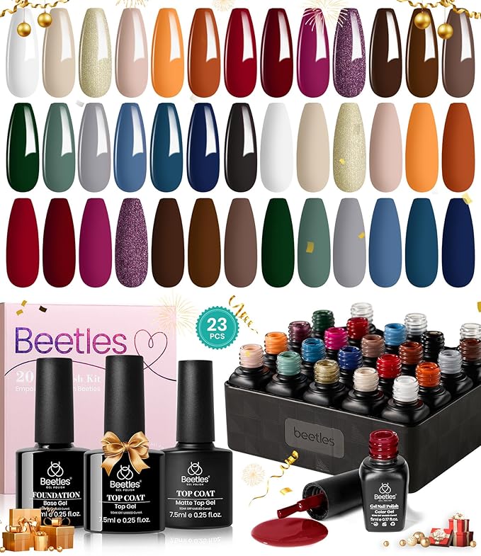 Beetles Gel Nail Polish Kit - 23Pcs Burgundy Red Brown Orange Purple Colors Gel Polish Set Brown Gray Blue Green Soak Off Uv Gel Base Top Coat Gifts for Girls Glowing Attraction