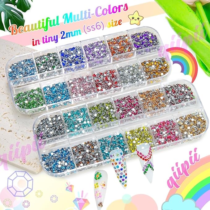 24 Color Full Grids 2mm Small Crystal Resin Rhinestones for Bedazzling Crafting SS6 Tiny Flatback Stones Colorful Gems Diamonds Charms for Nails Eyes Face Makeup Tumblers Bottles DIY Crafts