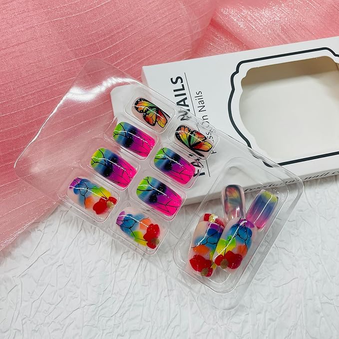 Square Press on Nails Medium Fake Nails with Designs Butterfly Stick on Nail Colorful Acrylic False Nail Glossy Artificial Nail Full Cover Glue on Nails for Women