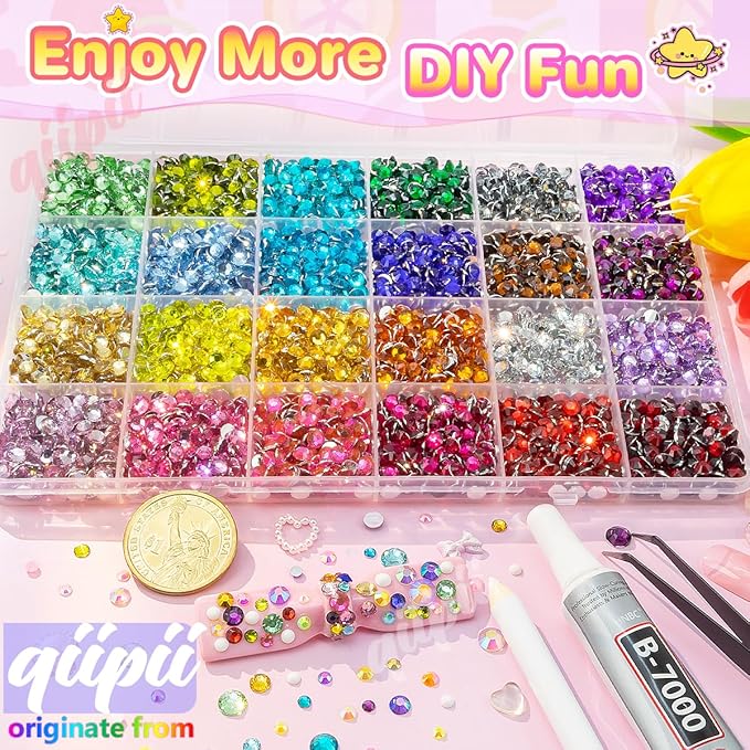 24 Color 5mm Crystal Resin Rhinestones for Bedazzling Crafting SS20 Flatback Stones Colorful Gems Diamonds Charms for Nails Eyes Face Makeup Tumblers Bottles DIY Crafts Clothes Shoes Phones