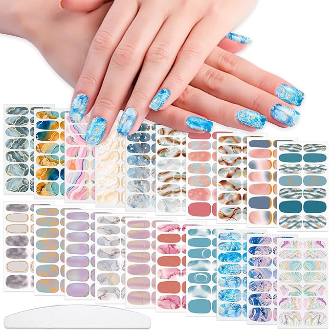 WOKOTO 20 Sheets 280 Pieces Marble Design Gradient Gel Nail Polish Strips, Full Wraps Stick On Press On Nails for Women Gradient Nail Art Gel Stickers Wraps, Easy Application, Salon Quality