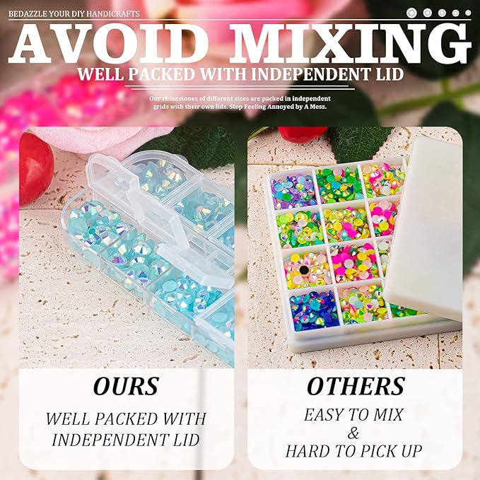 5000PCS Resin Rhinestones with Tweezers for Crafting, 2/3/4/5/6mm Flatback Jelly Rhinestones, 3 Box Lake Blue AB Non Hotfix Crystal Gems for DIY Crafts Mugs Tumblers Clothes Makeup Nail