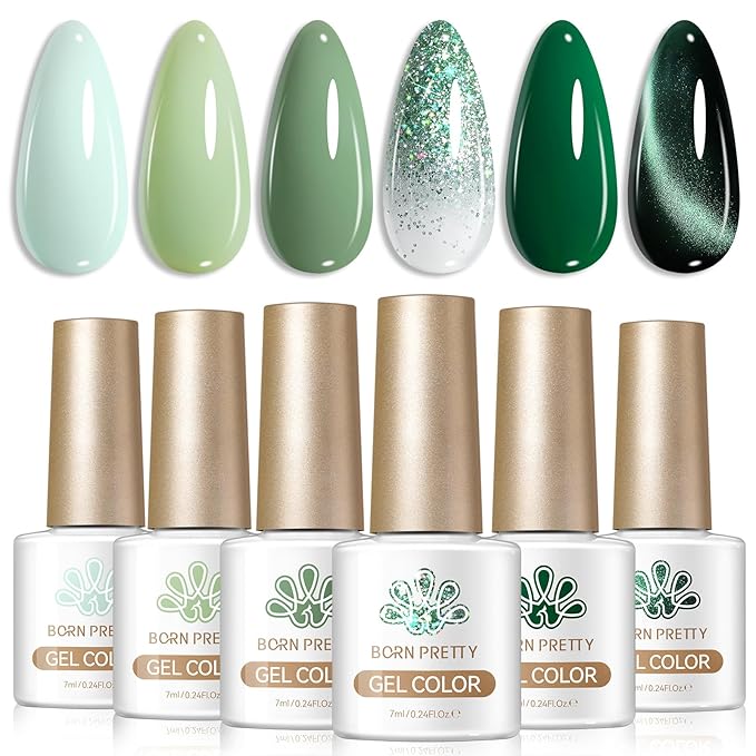 BORN PRETTY Green Gel Nail Polish Set Shimmer Glitter Cat Magnetic Eye Gel Polish Olive Emerald Forest Light Green Soak Off U v Gel Polish Kit for Salon Manicure and Nail Art DIY at Home