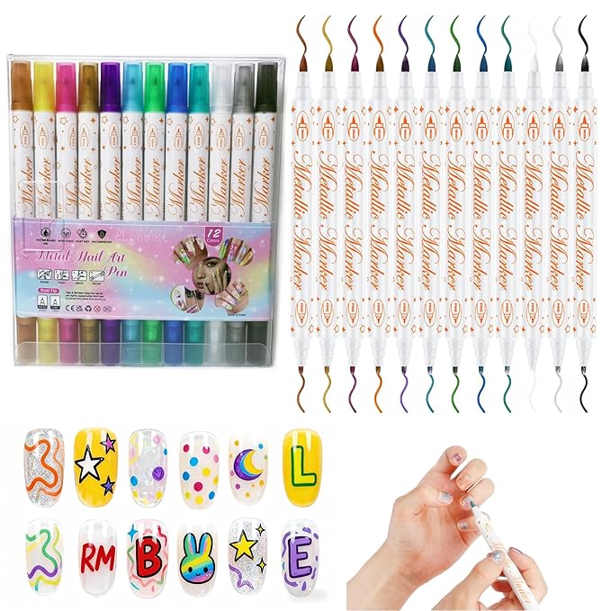 12 Colors Double-Ended Nail Polish Pens, Quick Dry 3D Acrylic Paint Markers for Nails, Fine Tip Liner Brush & Dotting Tool Set for DIY Nail Art Drawing