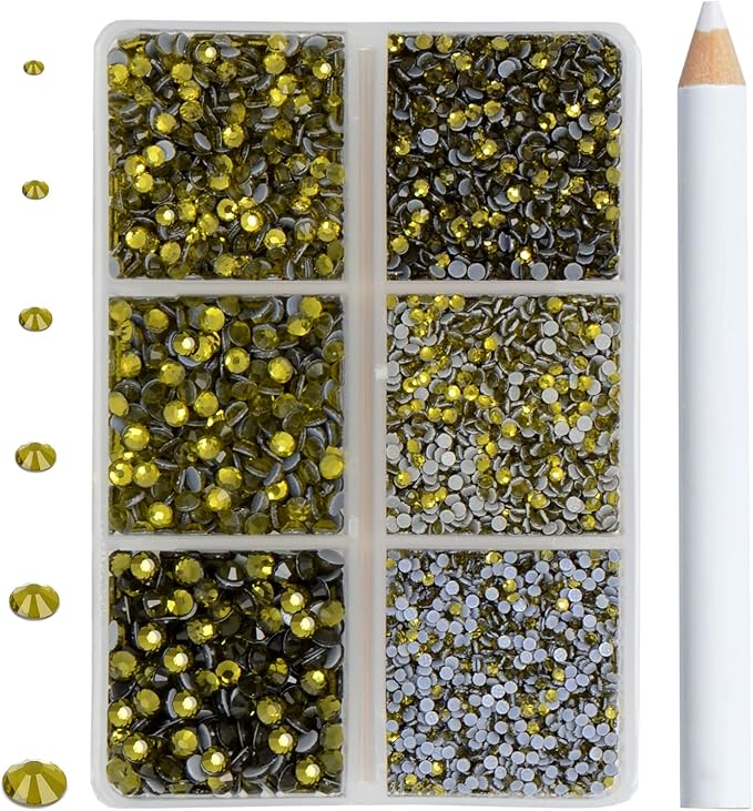 8000pcs Hotfix Rhinestones Flatback,Rhinestones for Crafts Clothes Mixed 6 Sizes, Hotfix Crystals with Wax Pencil Kit, SS3-SS12,Olivine