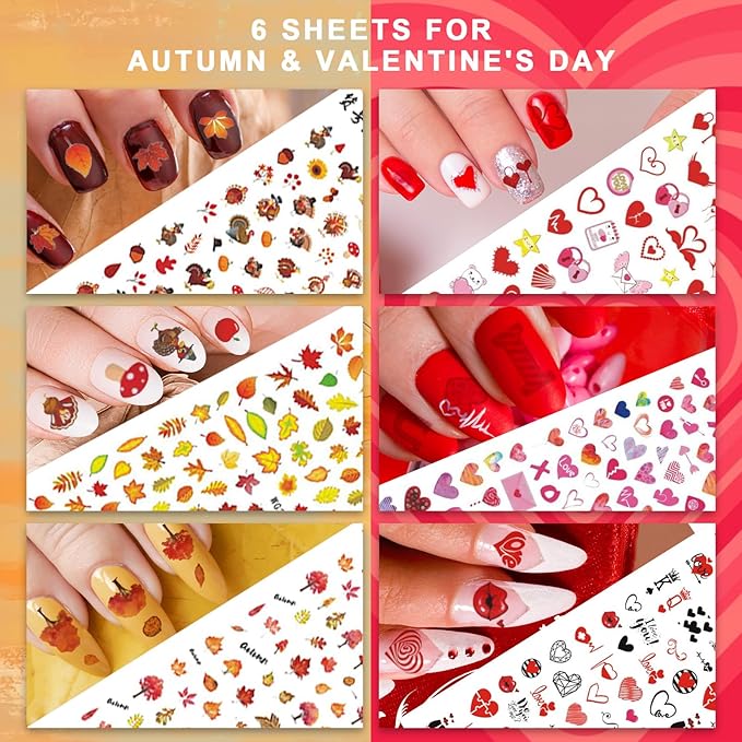 Whaline 18 Sheets All Season Nail Art Stickers Easter St Patricks All Holiday Valentine Day Fall Halloween Winter Christmas 4th of July Self-Adhesive Nail Decals for DIY Manicure Party Decor