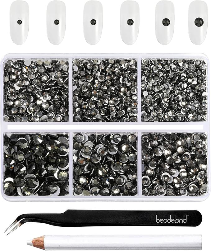 Beadsland 4300pcs Flatback Rhinestones,Gray Rhinestone Nail Gems Round Crystal Rhinestones for Crafts,Mixed 6 Sizes with Picking Tweezers and Wax Pencil Kit, SS6-SS20,Black Diamond