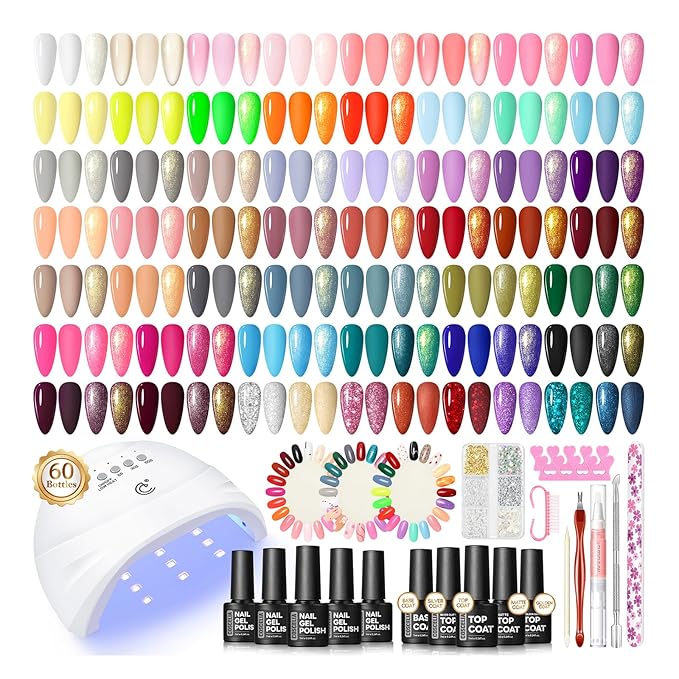 COSCELIA 60PC Gel Nail Polish Kit with U V light Starter Kit 55 Colors Gel Polish 5PC Top Base Coat Nail Art Decorations French Manicure Kit for with Everything Valentines Day Gifts for Women