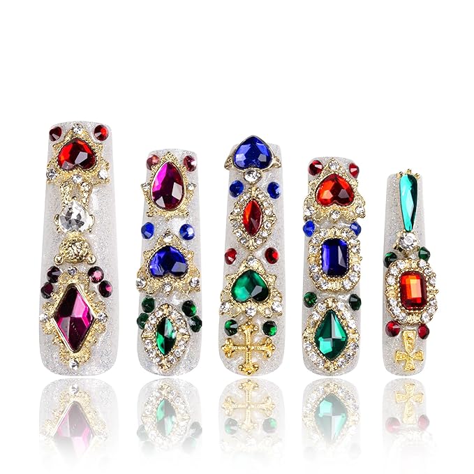 LOVFUL Press on Nails Treasure Trove Rhinestone | Handmade with Full Covered Crystals | Reusable Full Cover Nails | Square Mid length 1.7 in | H103-S