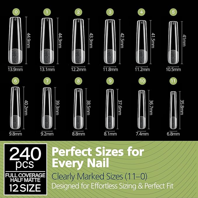 GELPARTY Soft Gel Nail Tips XL Long Square - 240Pcs Pre-Buffed Matte Full Cover Tips - No Filing Needed, Soak Off Gel Extension System - Clear False Nails (12 Sizes)
