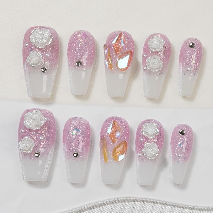 Sun&Beam Nails Handmade Press On Nail Medium Long Coffin Ballerina Purple Flower Fake Tip 3D Design Art Charms Cute with Storage Box 10 Pcs (S)