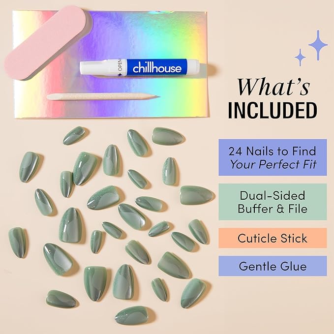 Chillhouse - Chill Tips, Press on Nails Kit - Sea Siren (Almond) - 30 Nail Shapes & Sizes - Up to 2 Weeks of Wear - Customizable Fit - Reusable - Latina Founded & Women Owned - Beauty & Self Care