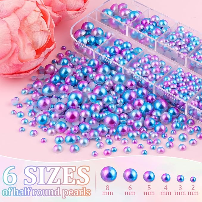 Flatback Pearls for Crafting with 3Pcs 10ml B7000 Jewelry Glue, 2 Boxes of Half Round Blue Mermaid Pearls, Bedazzling Beads for DIY Crafts Clothing Tumblers Shoes Embellishment Nail Art