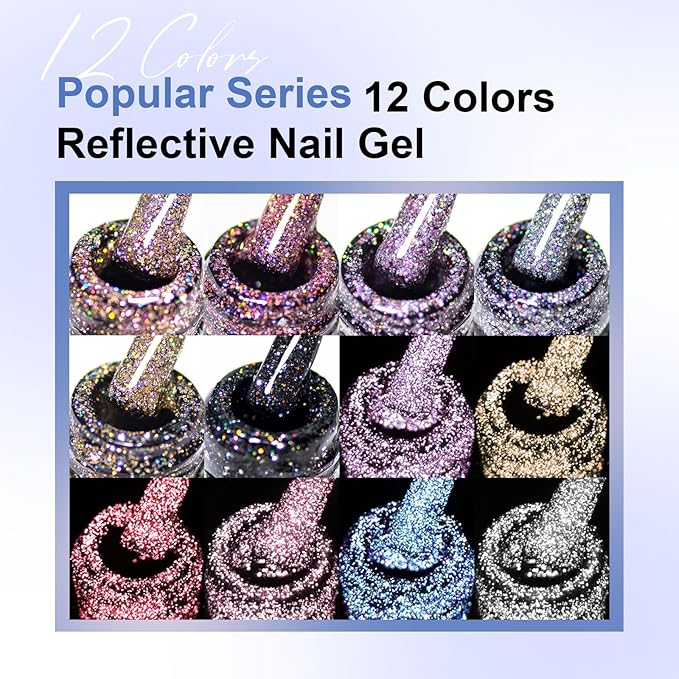 Reflective Glitter Gel Polish 12 Pcs, Flash Dimond Black Gold Silver Nail Polish Sparkly Shiny Nail Art UV LED Curing Need Nail Gel for Manicure DIY and Salon 7ML