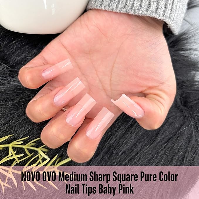 NOVO OVO Meidum Sharp Square Nail Tips Press on Pure Color BABY PINK, Extra Thick NEED Builder Gel Top Coat Glue Soft Gel Matte Fake Nail Extension, Full Cover False Nails for Salon DIY 15 Sizes 180pc