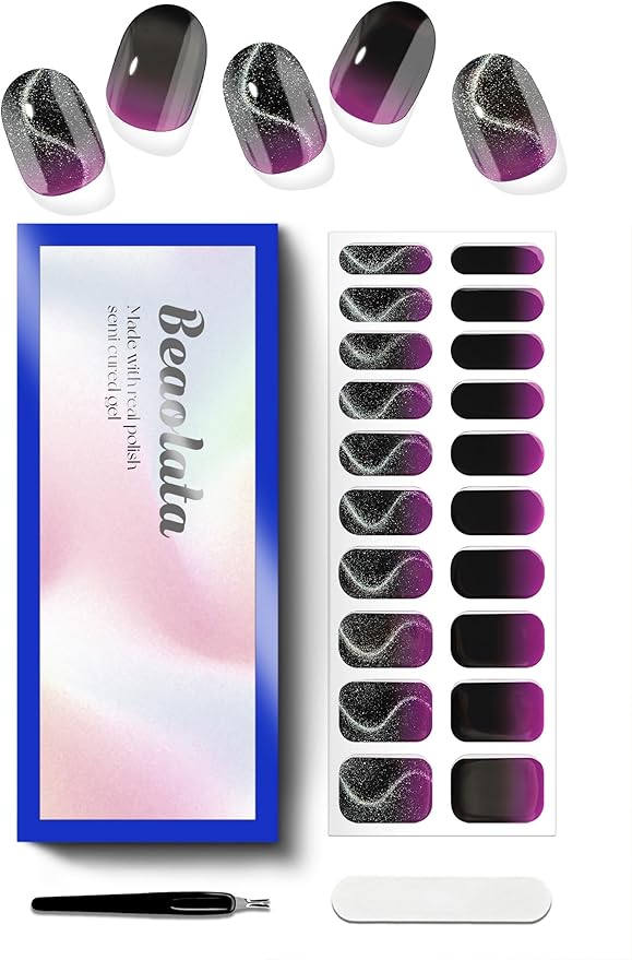 Semi Cured Gel Nail Strips - UV Light Gel Nail Stickers - 20 Long Lasting Salon Quality Wraps (Amethyst Purple)