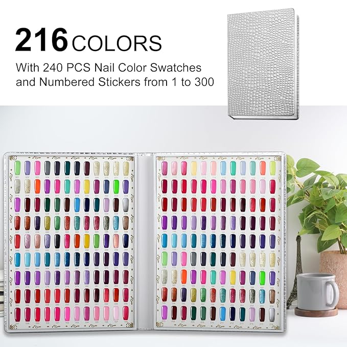 216 Colors Nail Swatches Book with 240 Nail Tips and Number Labels Leather Nail Gel Polish Display Book Nail Painting Practice Design Board No Need Pasting, No Need Glue