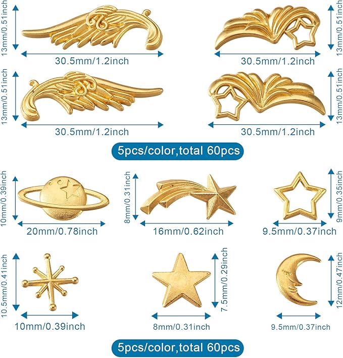 Pandahall 120Pcs Zinc Alloy Cabochons Charms Enamel Settings Mixed Shapes Wing Star Moon Asterism Links Cobochons for DIY UV Resin Epoxy Resin Filling