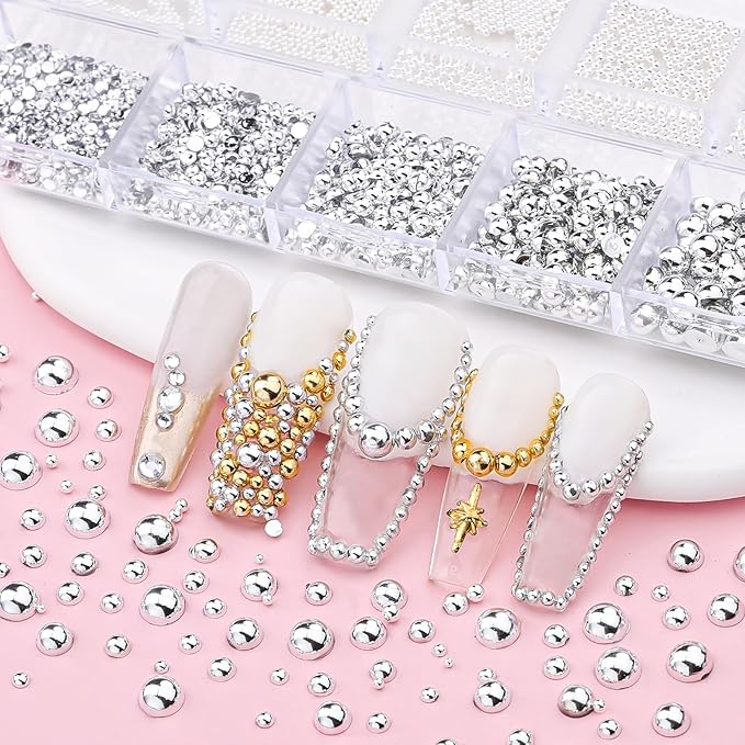 Silver Caviar Nail Beads and Nail Pearls, Mixed Size Half Round Flatback Pearl Silver Balls Nail Charms for Nails with Pickup Tools for Nails Face Eyes Makeup(33-K1-6)