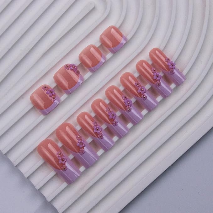 48Pcs Square Press on Nails Long & Press on Toenails Set, French Tip Press on Nails with Purple Flower Charms Design False Nails Short Press on Toenails Full Cover Glue on Nails for Women Manicure