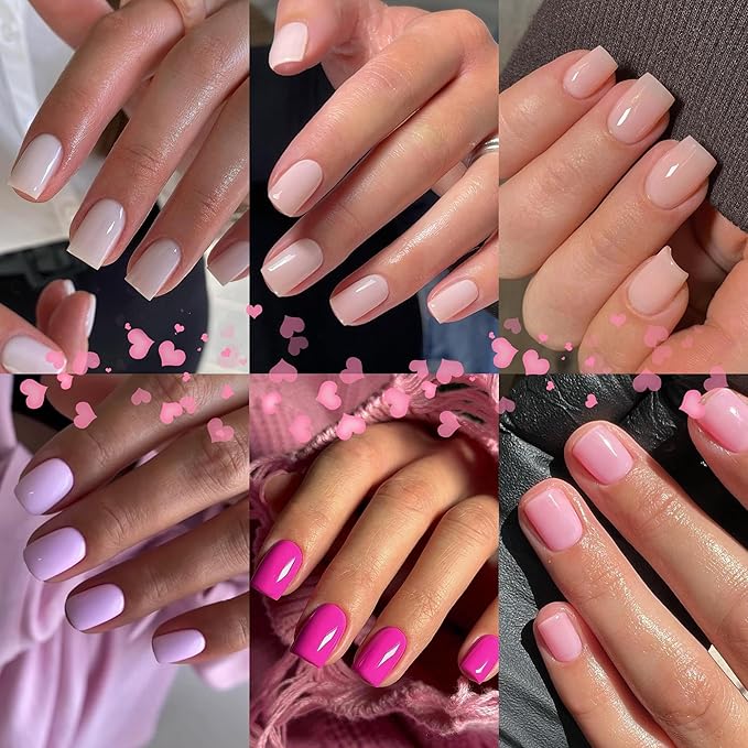 6 Pack Press On Nails Short, KQueenest Acrylic Press On Nails Square, Natural Bright Sheer Color Fake Nails Press On, Glossy Gel Glue On Nails Short Stick on Nails for Women Gift 144 Pcs