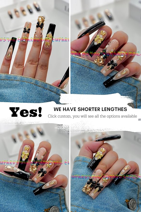 Euphrosyne Y2K Press On Nails – Long Coffin Nails in Black & Nude Pink with Sparkly Rhinestones & 3D Bows | 10pcs Trendy Glam Fake Nails for Party or Daily Wear