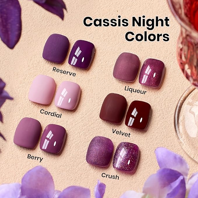 beetles Purple Gel Polish Set - 6 Colors Cassis Night Collection HEMA-Free 15ml Dark Purple Glitter Shimmer Color Nails with Swatch Card, Home Salon Soak Off UV LED Valentines Gift for Women