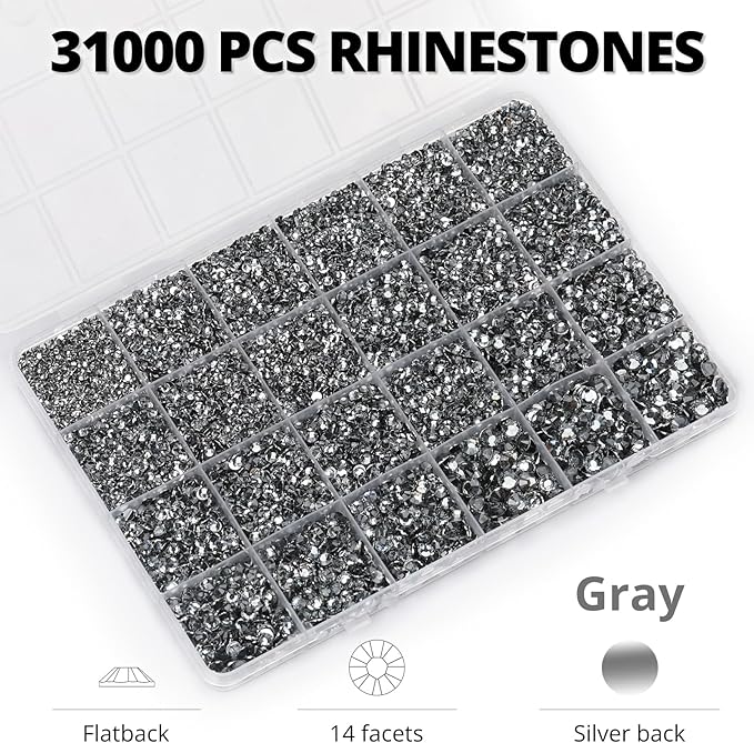33000Pcs Grey Rhinestones for Bedazzling, Bedazzler Kit with Flatback Craft Rhinestones Gray Bulk and B7000 Glue, 2,3,4,5,6mm Resin Flat Back Crystals for Craftings, Crafts, Clothes, Shoes, Nails