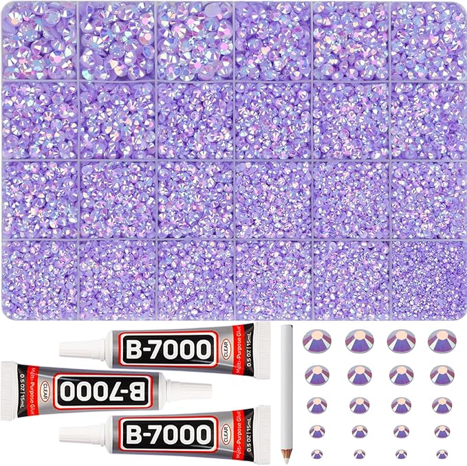 31000Pcs Lavender Resin Rhinestones for Bedazzling, 2-6mm Mixed Sizes, Bedazzled Flatback Gems Crystal Jewels Diamonds Gemstones Stones Bedazzle Set with B7000 Glue for Crafting Clothes Crafts